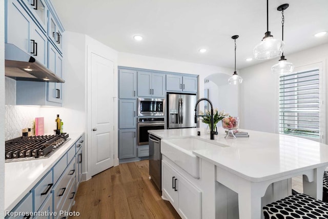 kitchen featuring hardwood / wood-style flooring, hanging light fixtures, stainless steel appliances, an island with sink, and decorative backsplash