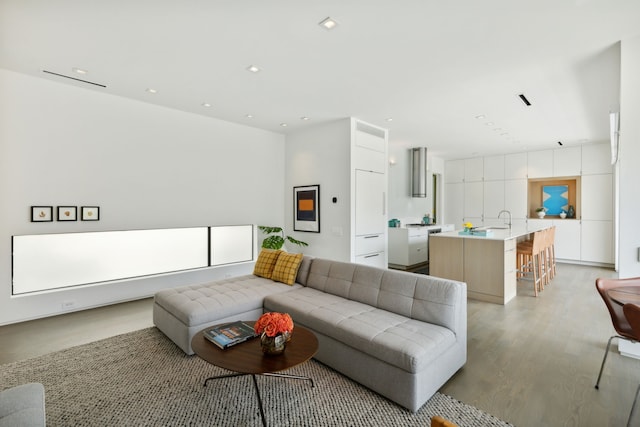 living room with light wood-type flooring and sink