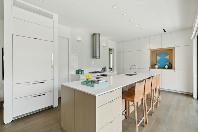 kitchen with sink, a large island, and white cabinetry