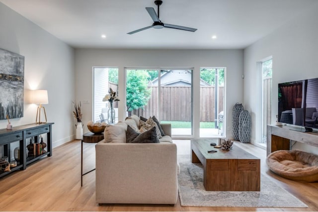 living room with ceiling fan, light hardwood / wood-style flooring, and a healthy amount of sunlight