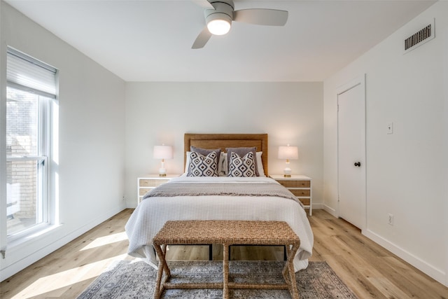 bedroom featuring ceiling fan and light wood-type flooring