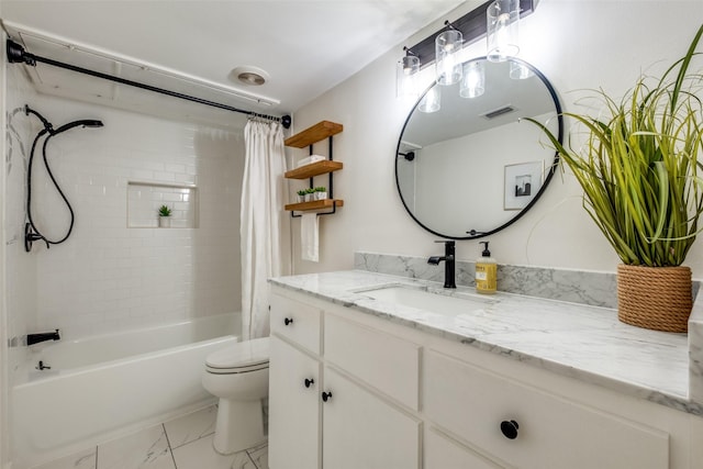 full bathroom featuring toilet, shower / tub combo, and vanity