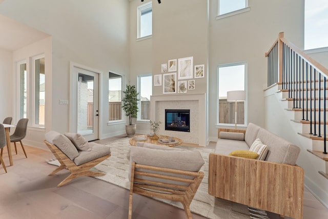 living room with a towering ceiling