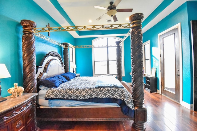 bedroom with ceiling fan and hardwood / wood-style floors