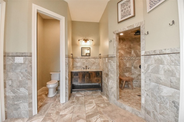 bathroom with toilet, walk in shower, tile walls, and vanity