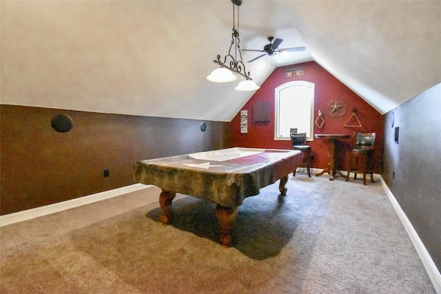 playroom featuring vaulted ceiling, pool table, ceiling fan, and carpet