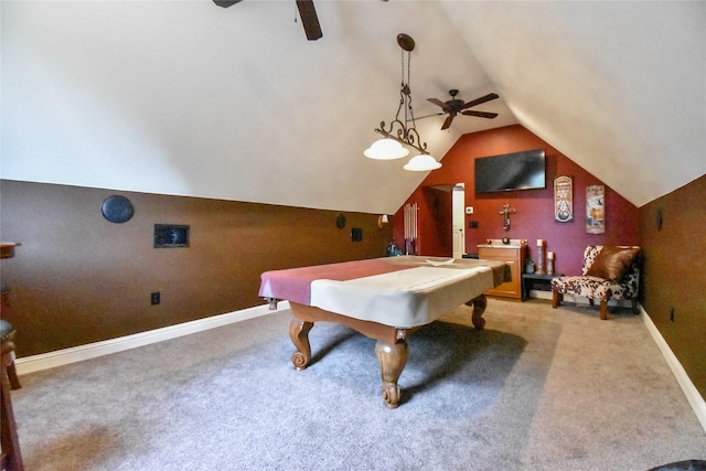 recreation room featuring pool table, ceiling fan, carpet, and lofted ceiling