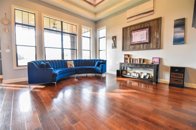 living room with dark hardwood / wood-style floors