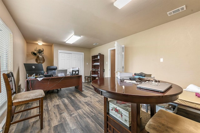 home office featuring dark wood-type flooring