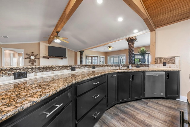 kitchen with dishwasher, lofted ceiling with beams, tasteful backsplash, dark hardwood / wood-style flooring, and sink