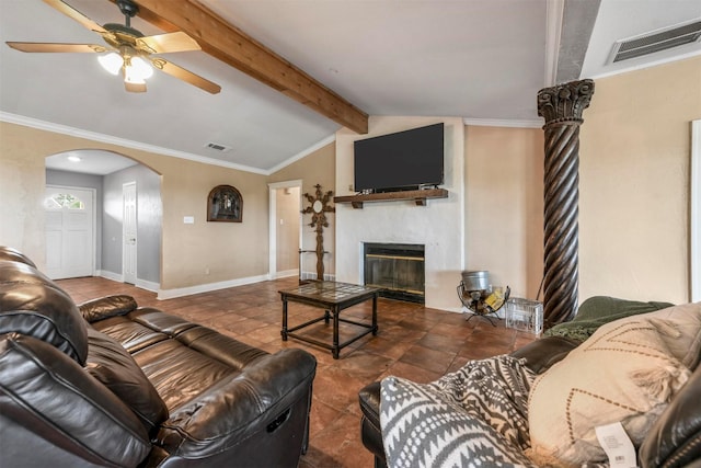 living room featuring ceiling fan, vaulted ceiling with beams, and ornamental molding