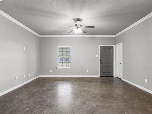 unfurnished room with a textured ceiling, ornamental molding, and ceiling fan