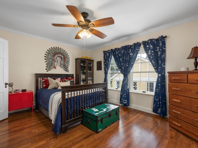 bedroom featuring ceiling fan, crown molding, and dark hardwood / wood-style floors