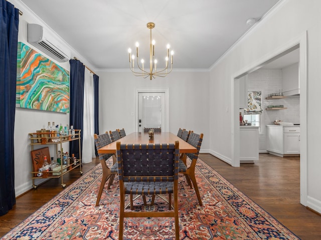 dining room featuring an AC wall unit, crown molding, dark hardwood / wood-style flooring, and an inviting chandelier