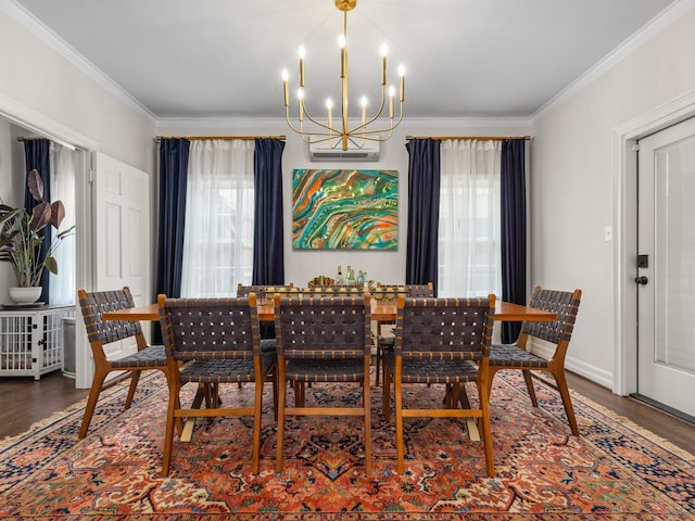 dining space with a healthy amount of sunlight, an AC wall unit, an inviting chandelier, and hardwood / wood-style flooring