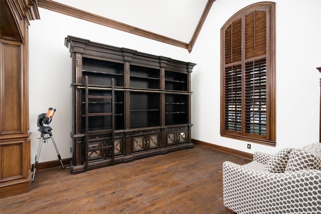 sitting room featuring high vaulted ceiling, dark hardwood / wood-style flooring, and ornamental molding