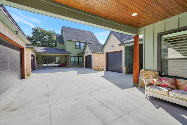 view of patio with a garage