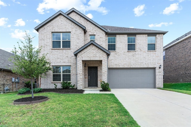 view of front of property featuring a garage, brick siding, driveway, and a front lawn