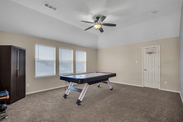 game room featuring lofted ceiling, carpet flooring, and ceiling fan