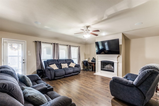 living room with ceiling fan and hardwood / wood-style flooring