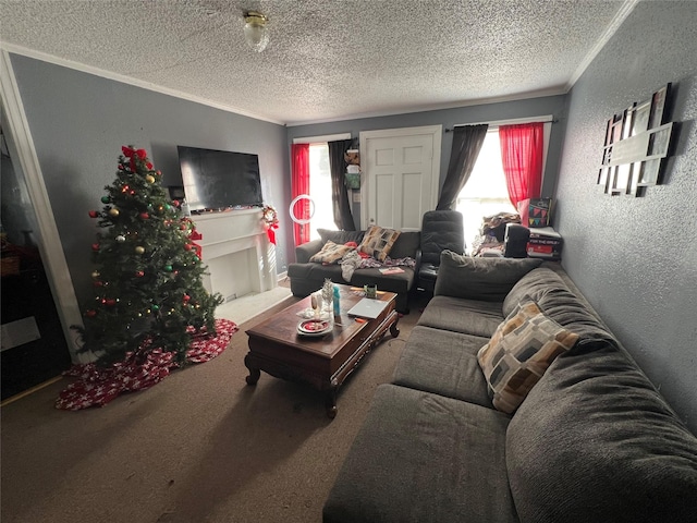 living room with crown molding, carpet flooring, and plenty of natural light