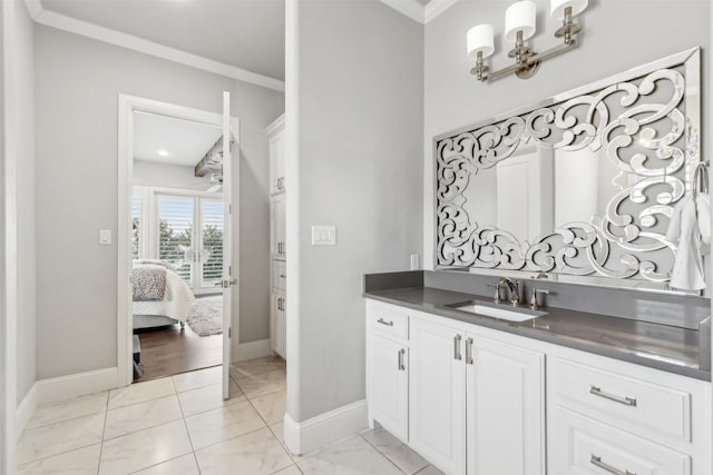 bathroom featuring vanity, tile patterned flooring, and ornamental molding