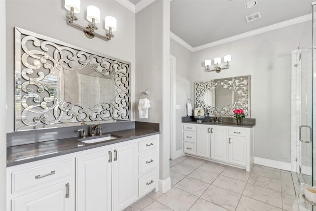 bathroom with a shower with door, ornamental molding, and vanity