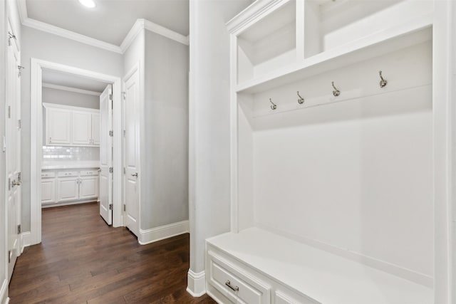 mudroom with ornamental molding and dark hardwood / wood-style floors