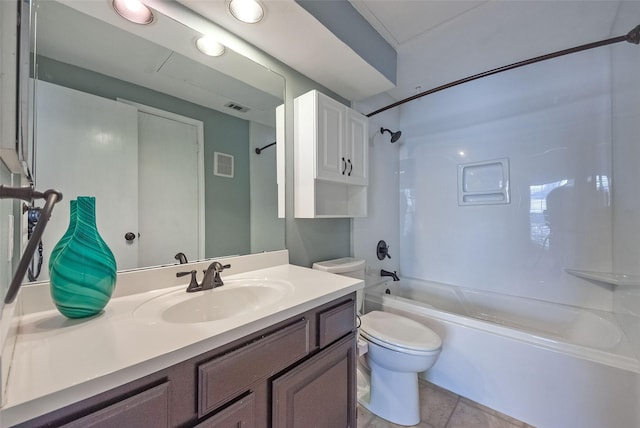 full bathroom with vanity, tile patterned floors, washtub / shower combination, and toilet