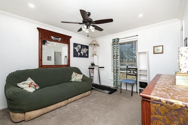 carpeted living room featuring ornamental molding and ceiling fan