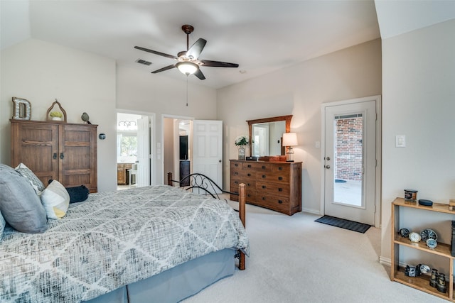 bedroom featuring ceiling fan, lofted ceiling, access to exterior, and light carpet