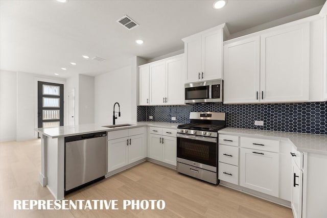 kitchen featuring appliances with stainless steel finishes, white cabinets, sink, and kitchen peninsula