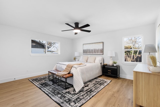 bedroom with ceiling fan and light wood-type flooring