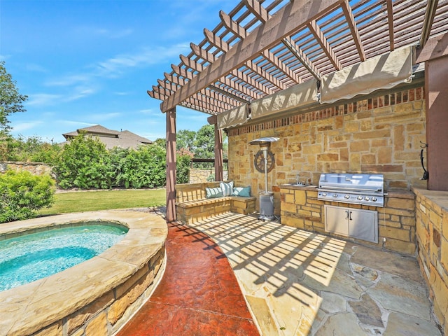 view of patio with sink, exterior kitchen, grilling area, and a pergola