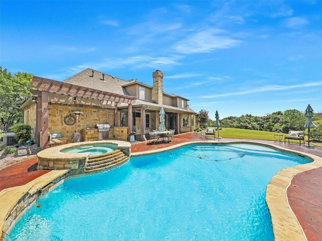 view of swimming pool featuring a patio area, an in ground hot tub, and a grill