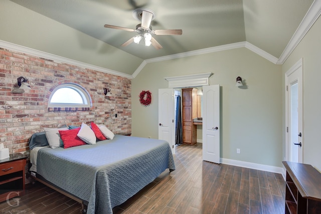 bedroom featuring ceiling fan, crown molding, lofted ceiling, and brick wall