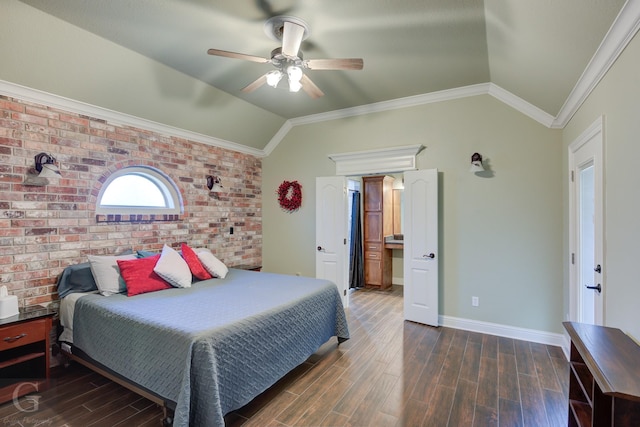 2104 Ashley Wilkes Dr, Bossier City, LA 71112 - bedroom with dark wood finished floors, brick wall, lofted ceiling, and baseboards