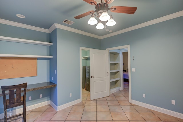 tiled bedroom with ceiling fan and ornamental molding