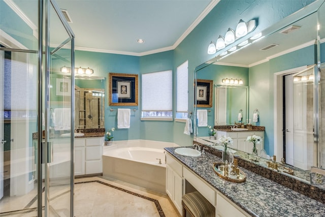 bathroom featuring independent shower and bath, vanity, ornamental molding, and tile patterned floors