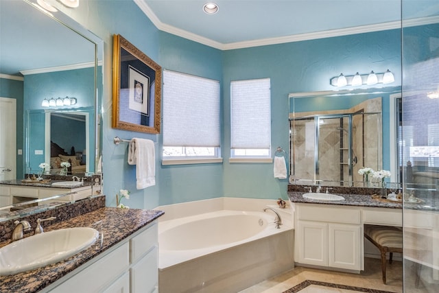 bathroom with vanity, tile patterned floors, ornamental molding, and independent shower and bath