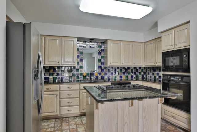 kitchen with a center island, black appliances, decorative backsplash, a kitchen breakfast bar, and light brown cabinets