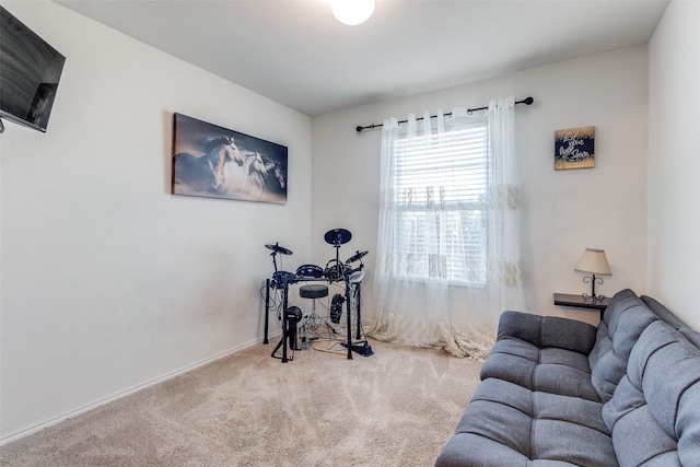 interior space featuring light colored carpet