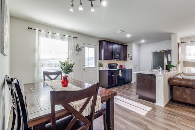 dining area with light hardwood / wood-style floors and sink