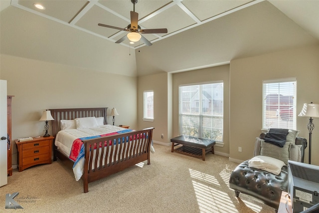 carpeted bedroom with lofted ceiling and ceiling fan