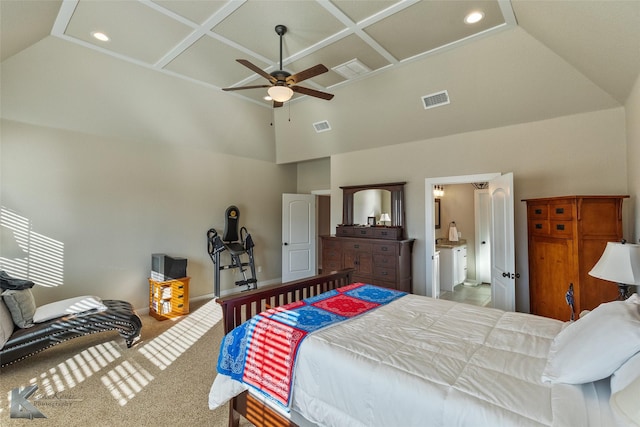 bedroom with ceiling fan and carpet