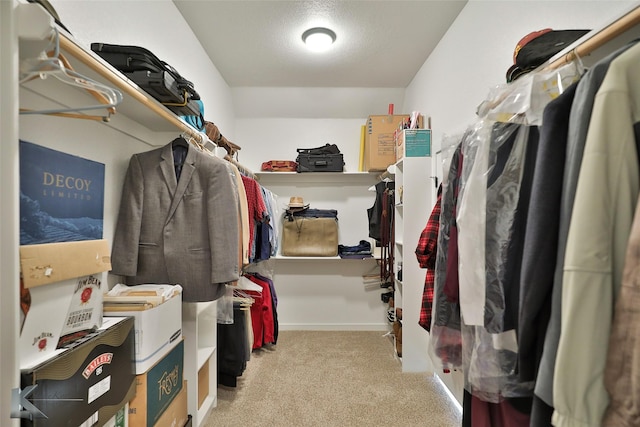 walk in closet with light colored carpet