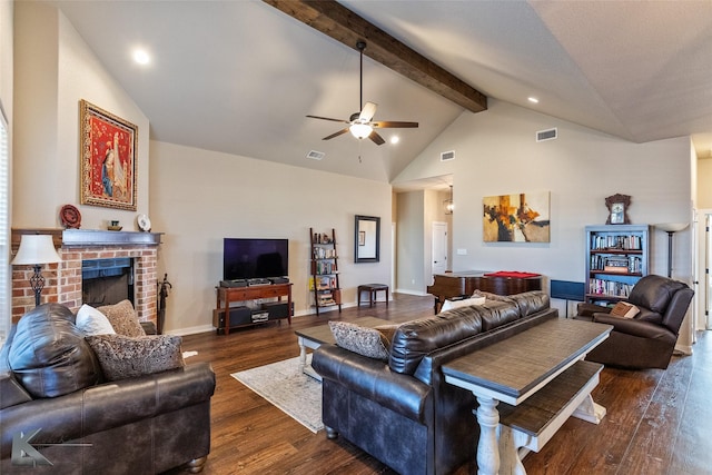 living room featuring a fireplace, lofted ceiling with beams, ceiling fan, and dark hardwood / wood-style floors