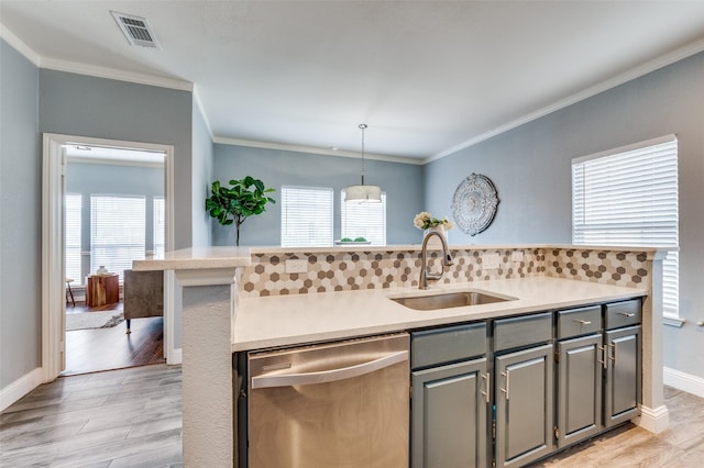 kitchen featuring stainless steel dishwasher, a healthy amount of sunlight, hanging light fixtures, gray cabinetry, and sink