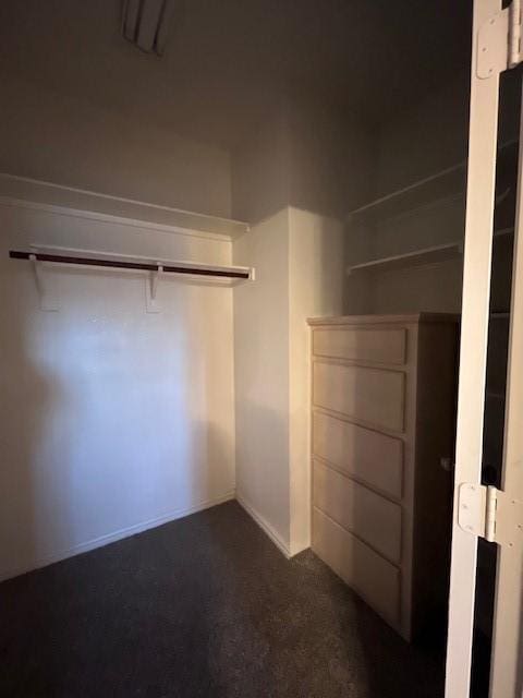 spacious closet featuring dark colored carpet