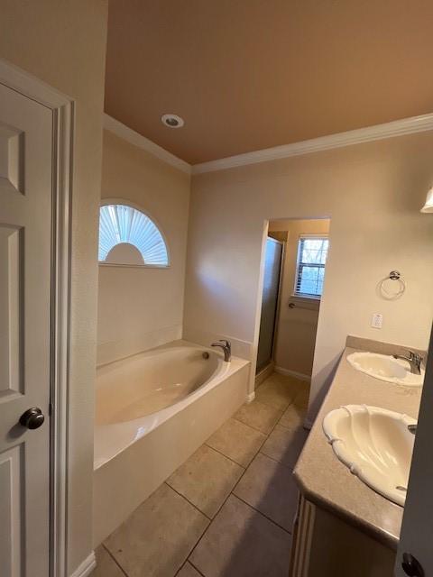 bathroom with a healthy amount of sunlight, vanity, crown molding, and tile patterned floors